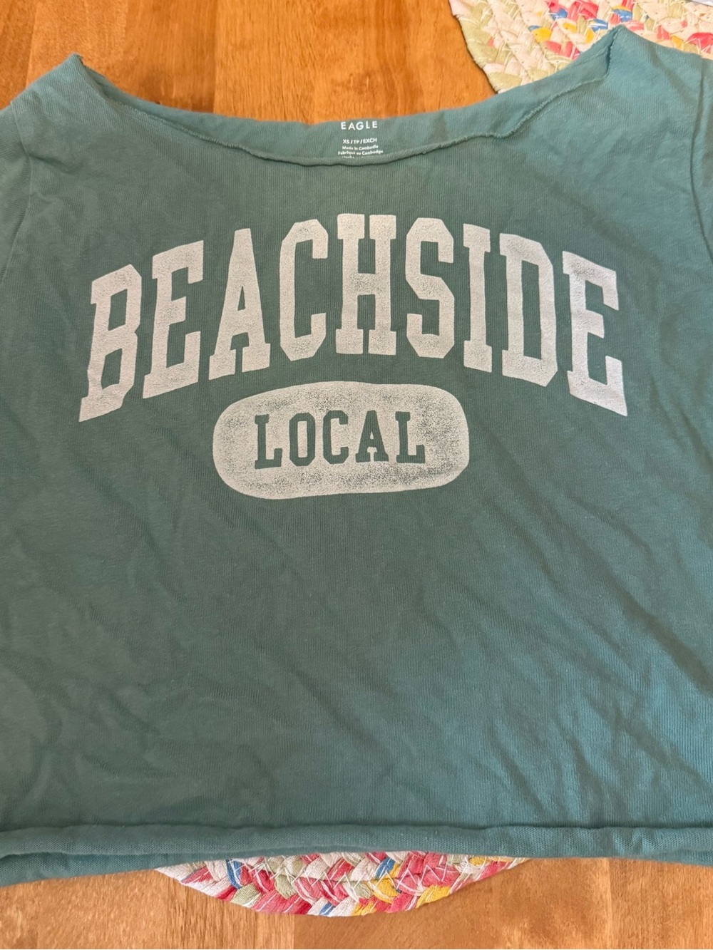 American Eagle Outfitters Beachside Local Teal Graphic Off Shoulder Tee - XS